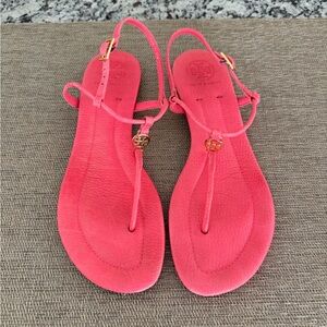 Tory Burch Coral Pink T-Strap Leather Sandals with Gold Logo